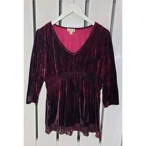 One World Live & Let Live Red Blk Velvet Empire‎ Lace Trim Top L Whimsigoth Vamp